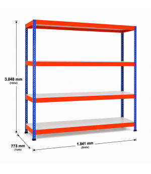 Weitspannregal Z1 Grundregal mit Stahlpaneelen, 3048x1841x773 mm (HxBxT), blau/orange/verzinkt, 4 Ebenen, Fachlast 554 kg, Feldlast 2.500 kg
