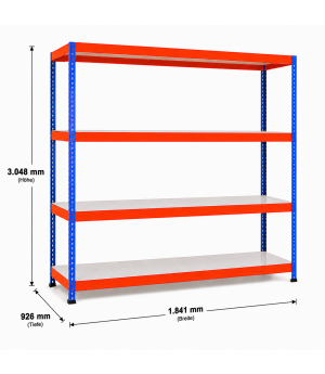 Weitspannregal Z1 Grundregal mit Stahlpaneelen, 3048x1841x926 mm (HxBxT), blau/orange/verzinkt, 4 Ebenen, Fachlast 545 kg, Feldlast 2.500 kg