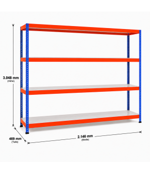 Weitspannregal Z1 Grundregal mit Stahlpaneelen, 3048x2146x469 mm (HxBxT), blau/orange/verzinkt, 4 Ebenen, Fachlast 442 kg, Feldlast 2.500 kg