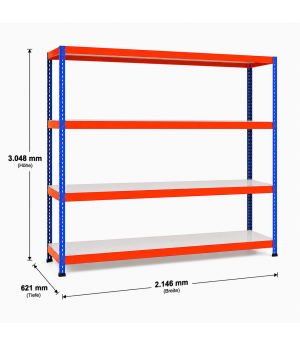 Weitspannregal Z1 Grundregal mit Stahlpaneelen, 3048x2146x621 mm (HxBxT), blau/orange/verzinkt, 4 Ebenen, Fachlast 439 kg, Feldlast 2.500 kg