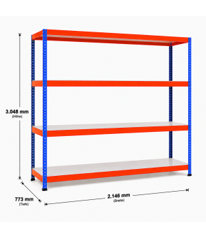 Weitspannregal Z1 Grundregal mit Stahlpaneelen, 3048x2146x773 mm (HxBxT), blau/orange/verzinkt, 4 Ebenen, Fachlast 447 kg, Feldlast 2.500 kg