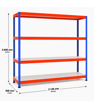 Weitspannregal Z1 Grundregal mit Stahlpaneelen, 3048x2146x926 mm (HxBxT), blau/orange/verzinkt, 4 Ebenen, Fachlast 437 kg, Feldlast 2.500 kg