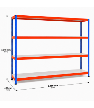 Weitspannregal Z1 Grundregal mit Stahlpaneelen, 3048x2450x469 mm (HxBxT), blau/orange/verzinkt, 4 Ebenen, Fachlast 344 kg, Feldlast 2.500 kg