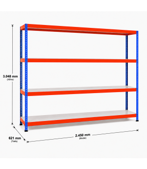Weitspannregal Z1 Grundregal mit Stahlpaneelen, 3048x2450x621 mm (HxBxT), blau/orange/verzinkt, 4 Ebenen, Fachlast 349 kg, Feldlast 2.500 kg