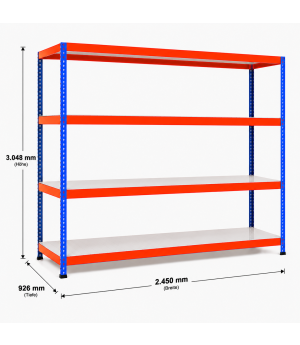Weitspannregal Z1 Grundregal mit Stahlpaneelen, 3048x2450x926 mm (HxBxT), blau/orange/verzinkt, 4 Ebenen, Fachlast 340 kg, Feldlast 2.500 kg