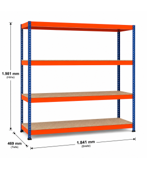 Weitspannregal Z1 Grundregal mit Spanplatten, 1981x1841x469 mm (HxBxT), blau/orange/verzinkt, 4 Ebenen, Fachlast 610 kg, Feldlast 3.200 kg