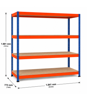 Weitspannregal Z1 Grundregal mit Spanplatten, 1981x1841x773 mm (HxBxT), blau/orange/verzinkt, 4 Ebenen, Fachlast 720 kg, Feldlast 3.200 kg