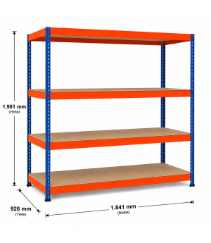 Weitspannregal Z1 Grundregal mit Spanplatten, 1981x1841x926 mm (HxBxT), blau/orange/verzinkt, 4 Ebenen, Fachlast 720 kg, Feldlast 3.200 kg