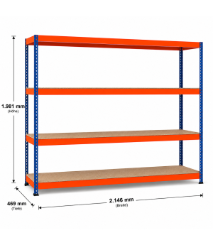 Weitspannregal Z1 Grundregal mit Spanplatten, 1981x2146x469 mm (HxBxT), blau/orange/verzinkt, 4 Ebenen, Fachlast 577 kg, Feldlast 3.200 kg