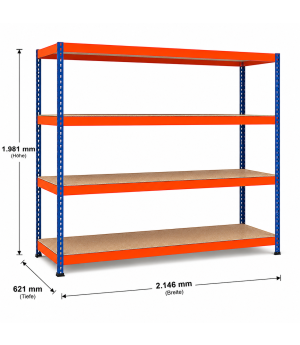 Weitspannregal Z1 Grundregal mit Spanplatten, 1981x2146x621 mm (HxBxT), blau/orange/verzinkt, 4 Ebenen, Fachlast 577 kg, Feldlast 3.200 kg