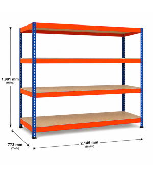 Weitspannregal Z1 Grundregal mit Spanplatten, 1981x2146x773 mm (HxBxT), blau/orange/verzinkt, 4 Ebenen, Fachlast 620 kg, Feldlast 3.200 kg