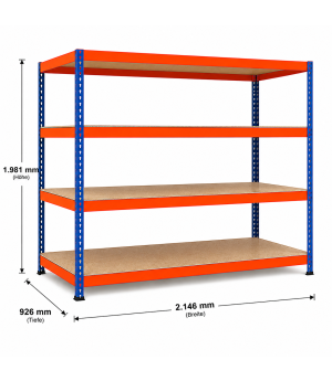 Weitspannregal Z1 Grundregal mit Spanplatten, 1981x2146x926 mm (HxBxT), blau/orange/verzinkt, 4 Ebenen, Fachlast 620 kg, Feldlast 3.200 kg