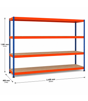 Weitspannregal Z1 Grundregal mit Spanplatten, 1981x2450x469 mm (HxBxT), blau/orange/verzinkt, 4 Ebenen, Fachlast 545 kg, Feldlast 3.200 kg