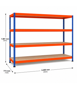 Weitspannregal Z1 Grundregal mit Spanplatten, 1981x2450x773 mm (HxBxT), blau/orange/verzinkt, 4 Ebenen, Fachlast 500 kg, Feldlast 3.200 kg