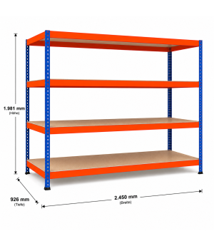 Weitspannregal Z1 Grundregal mit Spanplatten, 1981x2450x926 mm (HxBxT), blau/orange/verzinkt, 4 Ebenen, Fachlast 500 kg, Feldlast 3.200 kg