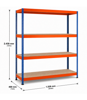 Weitspannregal Z1 Grundregal mit Spanplatten, 2438x1536x469 mm (HxBxT), blau/orange/verzinkt, 4 Ebenen, Fachlast 640 kg, Feldlast 2.800 kg