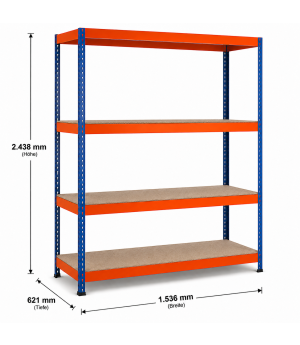 Weitspannregal Z1 Grundregal mit Spanplatten, 2438x1536x621 mm (HxBxT), blau/orange/verzinkt, 4 Ebenen, Fachlast 640 kg, Feldlast 2.800 kg