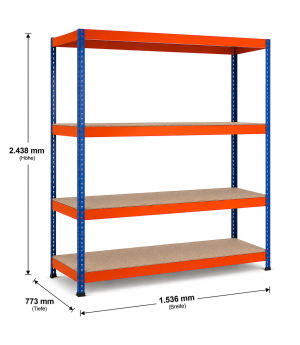 Weitspannregal Z1 Grundregal mit Spanplatten, 2438x1536x773 mm (HxBxT), blau/orange/verzinkt, 4 Ebenen, Fachlast 640 kg, Feldlast 2.800 kg