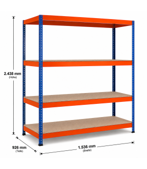Weitspannregal Z1 Grundregal mit Spanplatten, 2438x1536x926 mm (HxBxT), blau/orange/verzinkt, 4 Ebenen, Fachlast 640 kg, Feldlast 2.800 kg