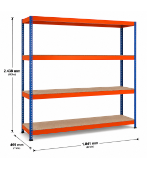 Weitspannregal Z1 Grundregal mit Spanplatten, 2438x1841x469 mm (HxBxT), blau/orange/verzinkt, 4 Ebenen, Fachlast 610 kg, Feldlast 2.800 kg