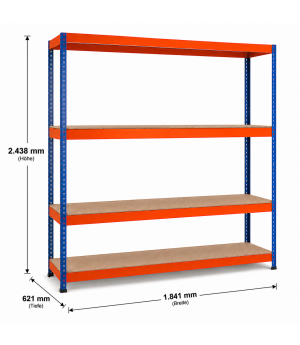Weitspannregal Z1 Grundregal mit Spanplatten, 2438x1841x621 mm (HxBxT), blau/orange/verzinkt, 4 Ebenen, Fachlast 610 kg, Feldlast 2.800 kg