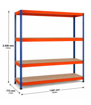 Weitspannregal Z1 Grundregal mit Spanplatten, 2438x1841x773 mm (HxBxT), blau/orange/verzinkt, 4 Ebenen, Fachlast 720 kg, Feldlast 2.800 kg