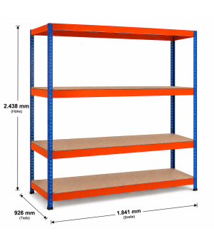 Weitspannregal Z1 Grundregal mit Spanplatten, 2438x1841x926 mm (HxBxT), blau/orange/verzinkt, 4 Ebenen, Fachlast 720 kg, Feldlast 2.800 kg