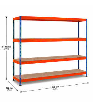 Weitspannregal Z1 Grundregal mit Spanplatten, 2438x2146x469 mm (HxBxT), blau/orange/verzinkt, 4 Ebenen, Fachlast 577 kg, Feldlast 2.800 kg