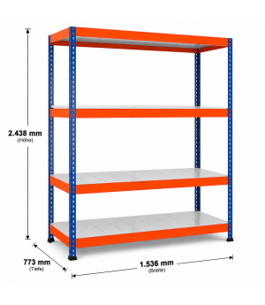 Weitspannregal Z1 Grundregal mit Stahlpaneelen, 2438x1536x773 mm (HxBxT), blau/orange/verzinkt, 4 Ebenen, Fachlast 709 kg, Feldlast 2.800 kg