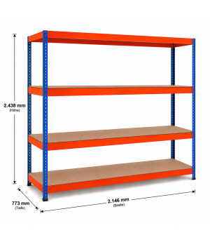 Weitspannregal Z1 Grundregal mit Spanplatten, 2438x2146x773 mm (HxBxT), blau/orange/verzinkt, 4 Ebenen, Fachlast 620 kg, Feldlast 2.800 kg