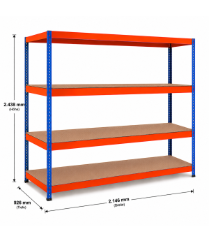 Weitspannregal Z1 Grundregal mit Spanplatten, 2438x2146x926 mm (HxBxT), blau/orange/verzinkt, 4 Ebenen, Fachlast 620 kg, Feldlast 2.800 kg