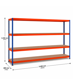 Weitspannregal Z1 Grundregal mit Spanplatten, 2438x2450x469 mm (HxBxT), blau/orange/verzinkt, 4 Ebenen, Fachlast 545 kg, Feldlast 2.800 kg