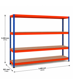 Weitspannregal Z1 Grundregal mit Spanplatten, 2438x2450x621 mm (HxBxT), blau/orange/verzinkt, 4 Ebenen, Fachlast 545 kg, Feldlast 2.800 kg