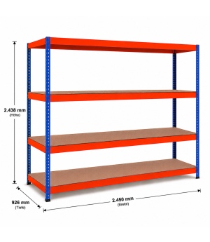 Weitspannregal Z1 Grundregal mit Spanplatten, 2438x2450x926 mm (HxBxT), blau/orange/verzinkt, 4 Ebenen, Fachlast 500 kg, Feldlast 2.800 kg