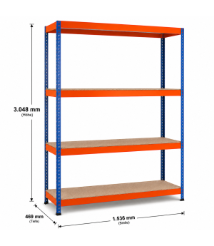 Weitspannregal Z1 Grundregal mit Spanplatten, 3048x1536x469 mm (HxBxT), blau/orange/verzinkt, 4 Ebenen, Fachlast 640 kg, Feldlast 2.500 kg