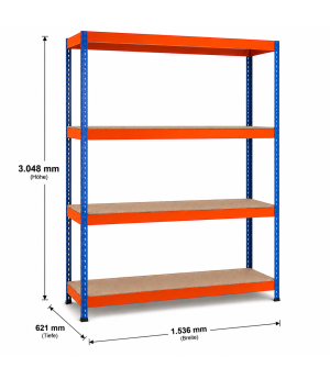 Weitspannregal Z1 Grundregal mit Spanplatten, 3048x1536x621 mm (HxBxT), blau/orange/verzinkt, 4 Ebenen, Fachlast 640 kg, Feldlast 2.500 kg