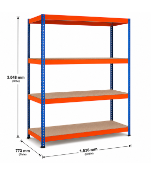 Weitspannregal Z1 Grundregal mit Spanplatten, 3048x1536x773 mm (HxBxT), blau/orange/verzinkt, 4 Ebenen, Fachlast 640 kg, Feldlast 2.500 kg