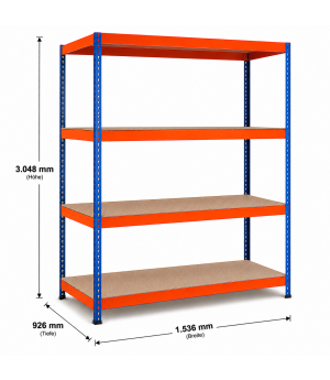 Weitspannregal Z1 Grundregal mit Spanplatten, 3048x1536x926 mm (HxBxT), blau/orange/verzinkt, 4 Ebenen, Fachlast 640 kg, Feldlast 2.500 kg