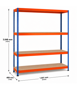 Weitspannregal Z1 Grundregal mit Spanplatten, 3048x1841x469 mm (HxBxT), blau/orange/verzinkt, 4 Ebenen, Fachlast 610 kg, Feldlast 2.500 kg