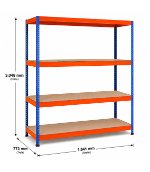 Weitspannregal Z1 Grundregal mit Spanplatten, 3048x1841x773 mm (HxBxT), blau/orange/verzinkt, 4 Ebenen, Fachlast 720 kg, Feldlast 2.500 kg