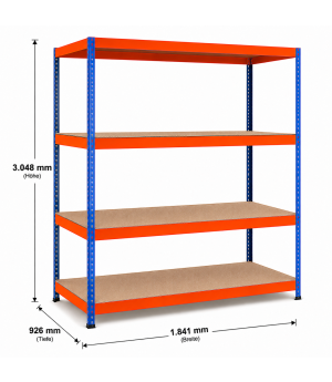 Weitspannregal Z1 Grundregal mit Spanplatten, 3048x1841x926 mm (HxBxT), blau/orange/verzinkt, 4 Ebenen, Fachlast 720 kg, Feldlast 2.500 kg