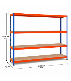 Weitspannregal Z1 Grundregal mit Spanplatten, 3048x2146x469 mm (HxBxT), blau/orange/verzinkt, 4 Ebenen, Fachlast 577 kg, Feldlast 2.500 kg