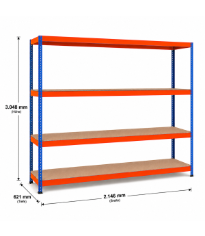 Weitspannregal Z1 Grundregal mit Spanplatten, 3048x2146x621 mm (HxBxT), blau/orange/verzinkt, 4 Ebenen, Fachlast 577 kg, Feldlast 2.500 kg