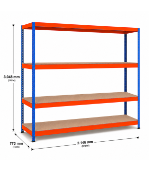 Weitspannregal Z1 Grundregal mit Spanplatten, 3048x2146x773 mm (HxBxT), blau/orange/verzinkt, 4 Ebenen, Fachlast 620 kg, Feldlast 2.500 kg
