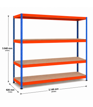 Weitspannregal Z1 Grundregal mit Spanplatten, 3048x2146x926 mm (HxBxT), blau/orange/verzinkt, 4 Ebenen, Fachlast 620 kg, Feldlast 2.500 kg