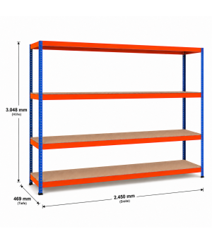 Weitspannregal Z1 Grundregal mit Spanplatten, 3048x2450x469 mm (HxBxT), blau/orange/verzinkt, 4 Ebenen, Fachlast 545 kg, Feldlast 2.500 kg