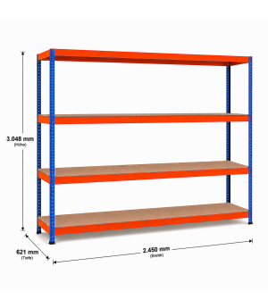 Weitspannregal Z1 Grundregal mit Spanplatten, 3048x2450x621 mm (HxBxT), blau/orange/verzinkt, 4 Ebenen, Fachlast 545 kg, Feldlast 2.500 kg