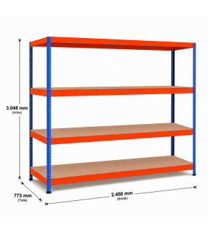 Weitspannregal Z1 Grundregal mit Spanplatten, 3048x2450x773 mm (HxBxT), blau/orange/verzinkt, 4 Ebenen, Fachlast 500 kg, Feldlast 2.500 kg