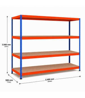 Weitspannregal Z1 Grundregal mit Spanplatten, 3048x2450x926 mm (HxBxT), blau/orange/verzinkt, 4 Ebenen, Fachlast 500 kg, Feldlast 2.500 kg