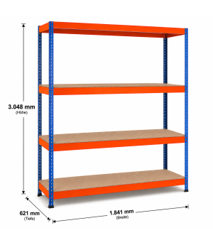 Weitspannregal Z1 Grundregal mit Spanplatten, 3048x1841x621 mm (HxBxT), blau/orange/verzinkt, 4 Ebenen, Fachlast 610 kg, Feldlast 2.500 kg